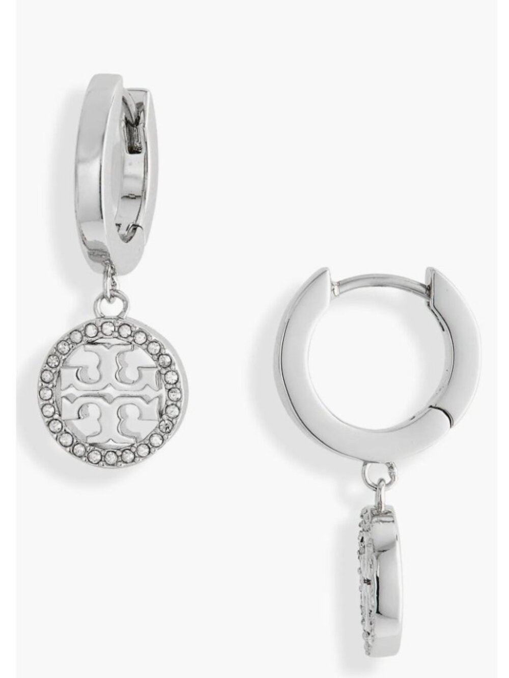 Tory Burch Silver Mille Pave Hoop/Huggie Earrings